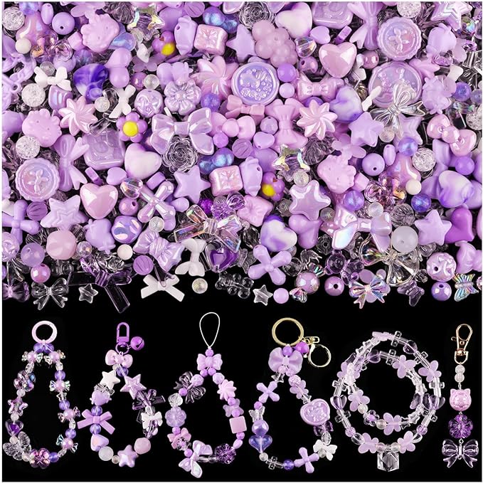 Assorted 170-230PCS Purple Acrylic Beads for Bracelet Making, Flower Bow Butterfly Candy GummyBear Aesthetic Bracelet Charms,Cute Beads for Jewelry Making DIY Necklace Keychain Phone Charm-CubbioJoy