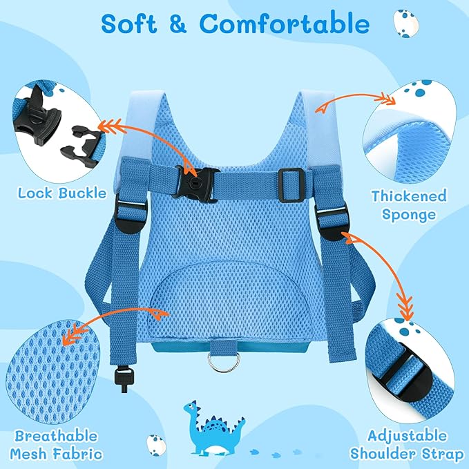 Dr.meter 3 in 1 Toddler Harness Leash + 8.2ft Anti Lost Wrist Link, Cute Dinosaur Kids Safety Harness with Key Lock, Child Walking Harness Assistant Strap for Outdoor Activity Travel-CubbioJoy