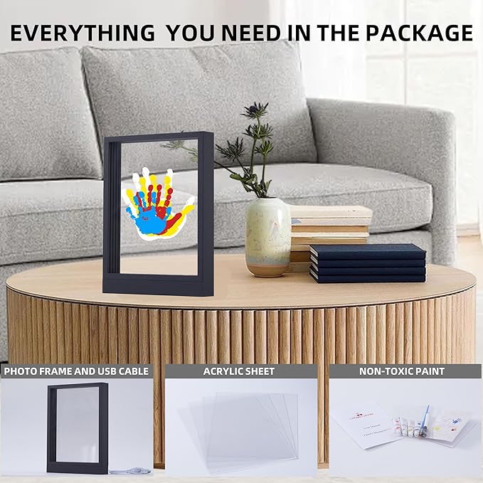 CHERRY CHEERS Family Handprint Kit with Light, Handprint Keepsake Frame, Wooden Led Light, Easy Install, No Need Screw etc, Non-Toxic Paints (Black)-CubbioJoy