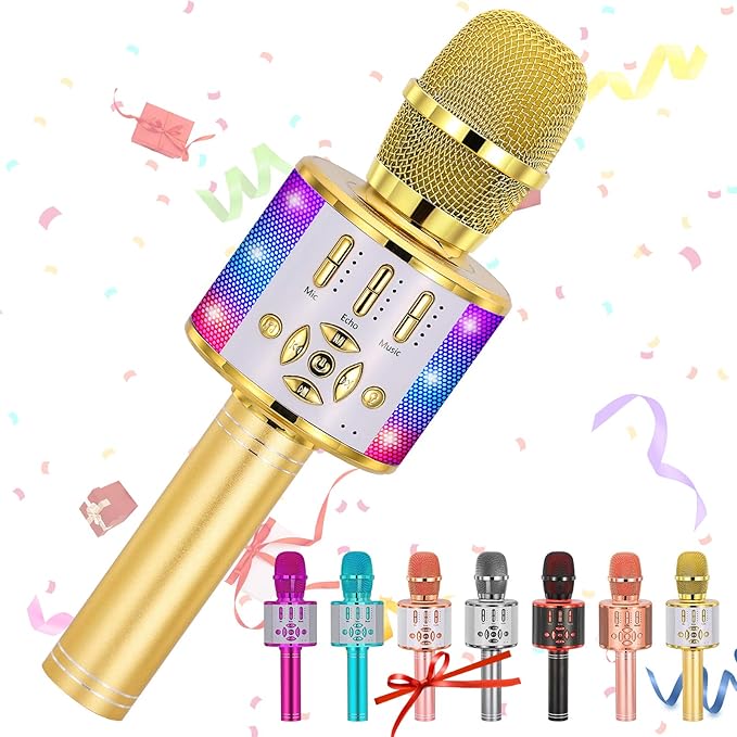Amazmic Kids Karaoke Microphone Machine Toy Bluetooth Microphone Portable Wireless Karaoke Machine Handheld with LED Lights, Gift for Children Adults Birthday Party, Home KTV(Gold)-CubbioJoy