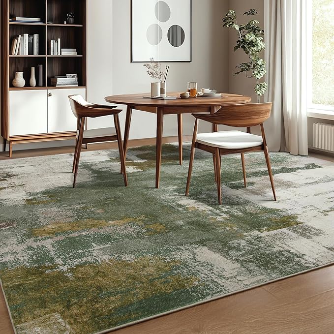 Kelarea Living Room Rug, 5x7 Rug Modern Abstract Washable Rugs Green Faux Wool Vintage Carpets, Non Slip Rug for Bedroom, Dining Room, College Dorm, Kids Playroom, Home Office-CubbioJoy