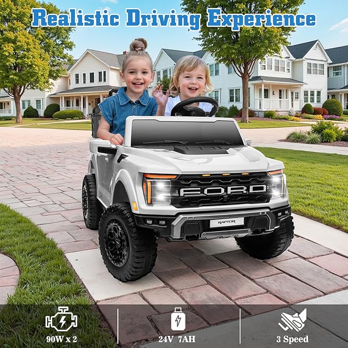 24V Ride on Car Licensed Ford F-150 Raptor, Kids Electric Car with Remote Control, LED Light/Music/MP3, Truck Bed Storage, 3-Point Seat Belt (24V, White)-CubbioJoy