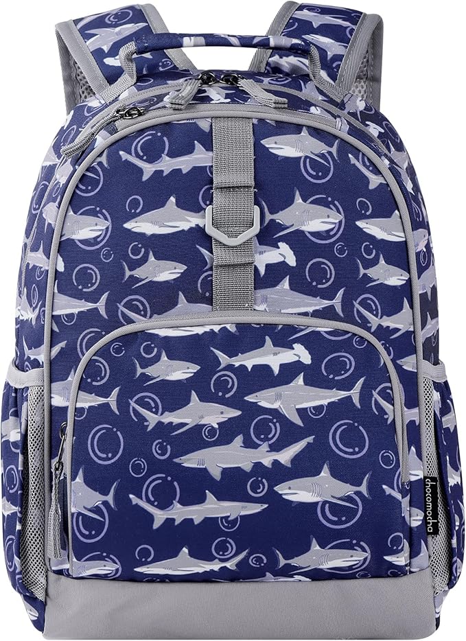 Choco Mocha Shark Backpack for Boys, Elementary School Backpack for Boys Ages 6-8 Kids Kindergarten Backpack Bookbag 17 Inch with Chest Strap, Blue-CubbioJoy