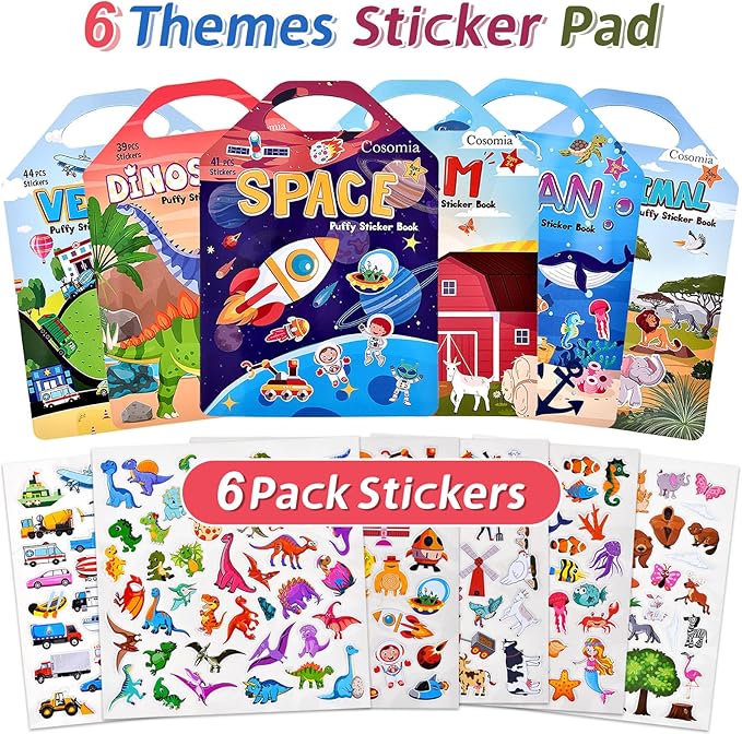 6 Set (260pcs) Puffy Sticker Books Activity for Kids, Animal, Farm, Dinosaurs, Space, Vehicle, Ocean, 3D Reusable Stickers for Boys and Girls, Travel Sticker Books for Kids Ages 3+-CubbioJoy