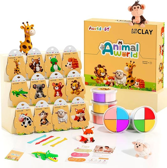 Air Dry Clay Kit - Animal Theme, Modeling Clay for Kids, DIY Model Magic Clay with Sculpting Tools and Tutorials, 12 Boxes Molding Clay, Ultra Light, Soft & Non-Toxic, Arts and Crafts Gift for Kids-CubbioJoy