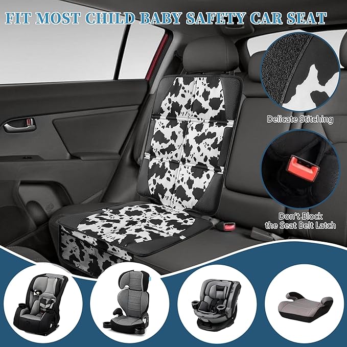 Car Seat Protector for Child Car Seat, 2 Pack Baby Car Seat Covers with Mesh Pockets & Non-Slip Backing 600D Durable Seat Protector Under Baby Car Seat for Car Back Seat (Cow Print, Large)-CubbioJoy