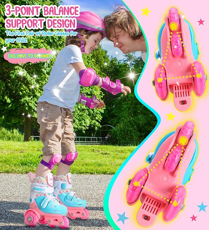 Adjustable Roller Skates for Kids Girls Ladies with Light Up Flash LED Wheels(Age 3-9),Three-Point Type Balance,Gift Box Packing for Toddlers,Children-CubbioJoy