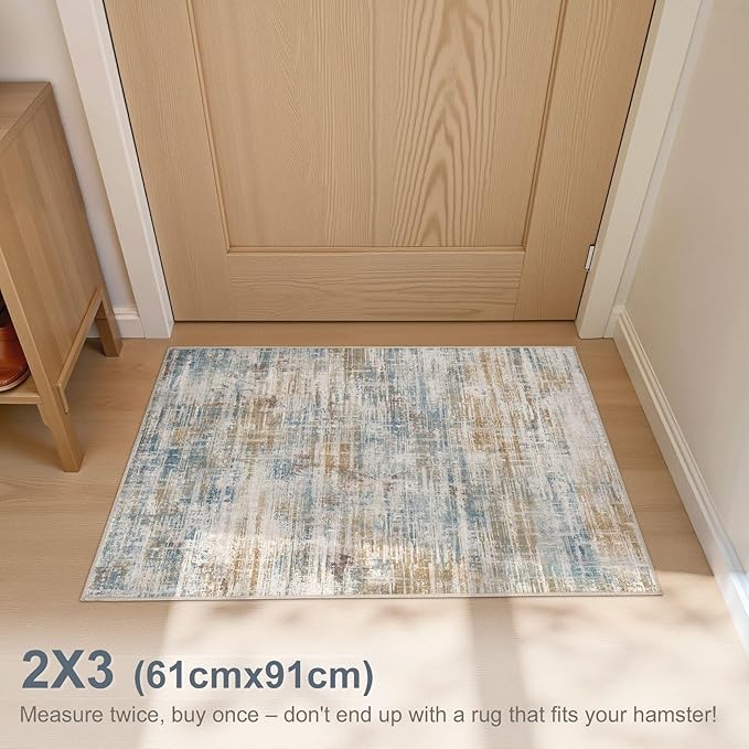 2x3 Entryway Area Rugs: Washable Neutral Abstract Small Rug Door Mat Non-Slip Soft Low Pile Indoor Carpe for Entrance Kitchen Front Door Bathroom Entry Kids Room - Blue Brown-CubbioJoy
