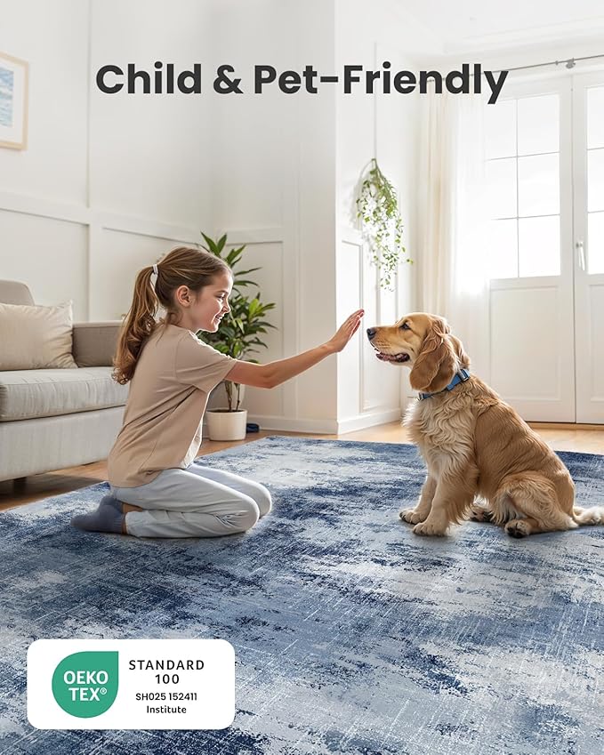 Amada 9x12 Large Area Rugs, Modern Living Room Rugs with Non-Slip Backing & Short Pile, Washable Rug with Abstract Pattern for Living Room, Bedroom and Dinning Room, Dark Blue-CubbioJoy