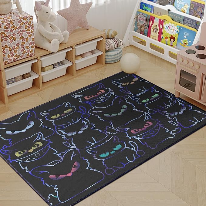 Black Play Cat Rug for Playroom for Boys Girls 3x4 Funny Cute Cat Cartoon Decor for Bedroom Living Room Non-Slip Comfy Floor Casual Mat Carpet Washable-CubbioJoy
