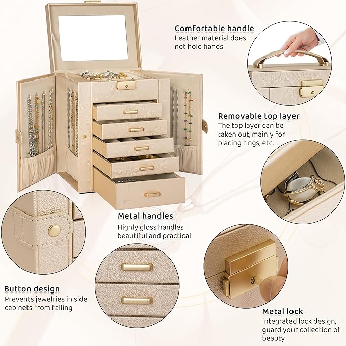 AKOZLIN 6-Tier Jewelry Box Lockable Leather Jewelry Storage Case with 5 Drawers for Women Girls Ring Necklace Earring Bracelet Holder Organizer with Mirror-CubbioJoy
