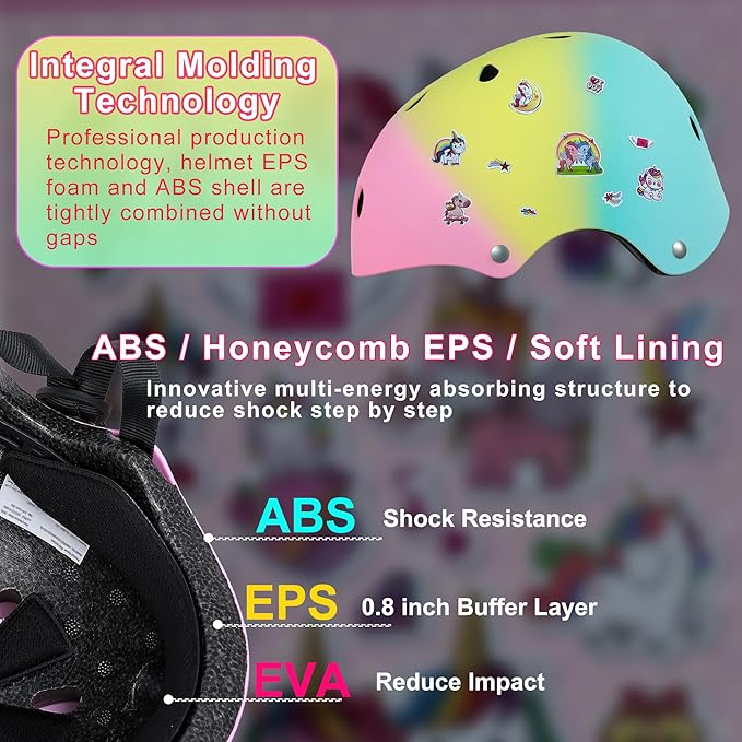 Kids Bike Helmet with DIY Stickers and Knee Pads Elbow Pads Wrist Guard Set for Ages 3-8-14 Toddler Boys Girls Helmet for Roller Skates Cycling Skateboarding Bicycle Scooter-CubbioJoy