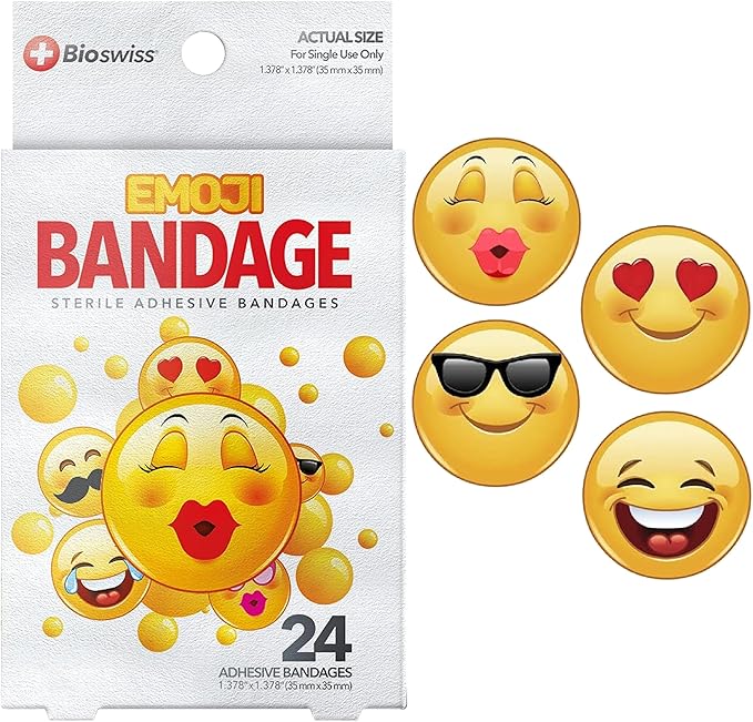 BioSwiss Bandages, Emoji Shaped Self Adhesive Bandage, Latex Free Sterile Wound Care, Fun First Aid Kit Supplies for Kids, 24 Count-CubbioJoy