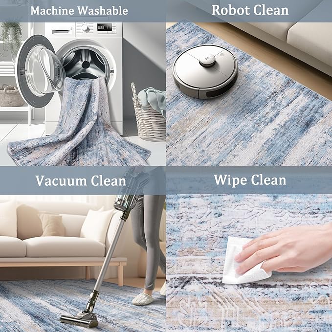 9x12 Area Rug Living Room Rugs - Washable Rug Large Modern Abstract Soft Thin Carpets Indoor Floor No Slip Vintage Carpet for Bedroom Under Dining Table Nursery Home Office Decor Blue-CubbioJoy