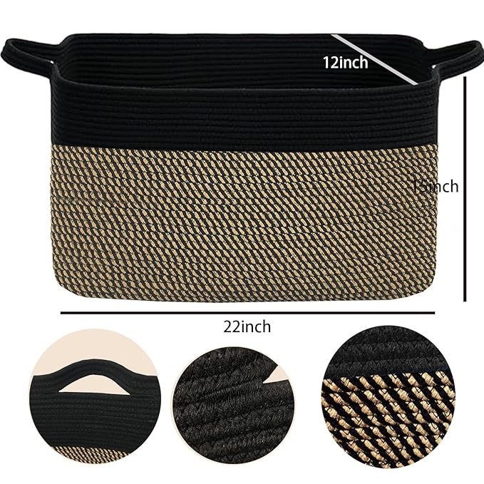 COMFY-HOMI Large Rectangular Blanket, Cotton Rope Woven for Storage, LaundryHamper, Storage,Toy Organizing Bin with Handle, Organizer and Storage-22x15x12-Black/Jute-CubbioJoy