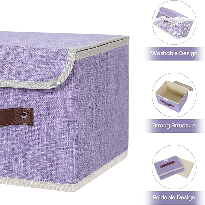 ANMINY Storage Bin with Lid Storage Boxes with PU Leather Handles PP Plastic Board Decorative Foldable Lidded Cotton Linen Fabric Home Cubes Baskets Closet Organizer Container - Purple, Small Size-CubbioJoy