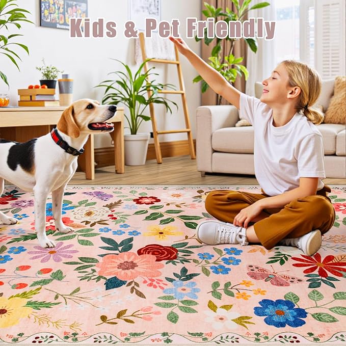 Area Rug Living Room Rugs: Floral 5x7 Washable Rug Vintage Soft Boho Non-Slip Carpet Indoor Floor Stain Resistant Large Carpets for Bedroom Dining Room Farmhouse Nursery Hallway Home Office Beige-CubbioJoy
