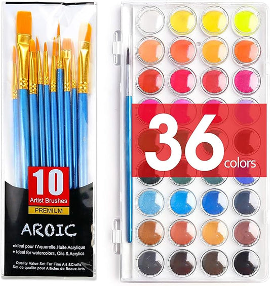 AROIC Watercolor Paint Set, 36-Color Watercolor Paint with 10 Brushes, Non-Toxic Washable Watercolors for Kids & Adults, Art Supplies for Painting, Drawing, DIY Crafts, School, Classroom, Artist Use-CubbioJoy