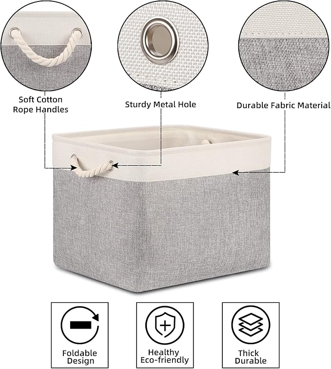 Bidtakay Storage Baskets for Organizing Large Storage Bins for Shelves 2 Pack 16x12 in Fabric Baskets for Blanket Nursery Toy Storage Collapsible Organizer Bins Closet Organizers Storage-Grey&White-CubbioJoy