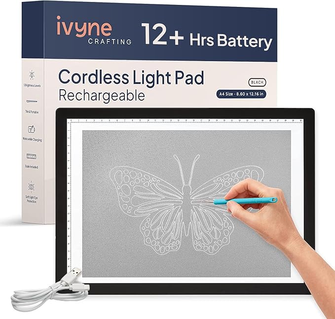 iVyne Rechargeable A4 Light Pad for Tracing & Weeding - LED Light Board for Weeding Vinyl - for Cricut Vinyl Weeding Tools - Ultra-Thin & Portable - Perfect for Artists & Crafters - Black-CubbioJoy
