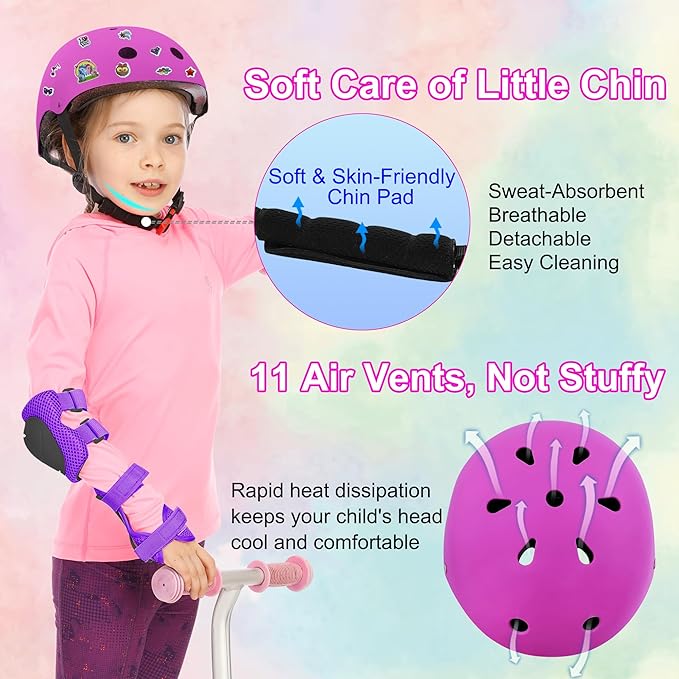 Kids Bike Helmet with DIY Stickers and Knee Pads Elbow Pads Wrist Guard Set for Ages 3-8-14 Toddler Boys Girls Helmet for Roller Skates Cycling Skateboarding Bicycle Scooter-CubbioJoy