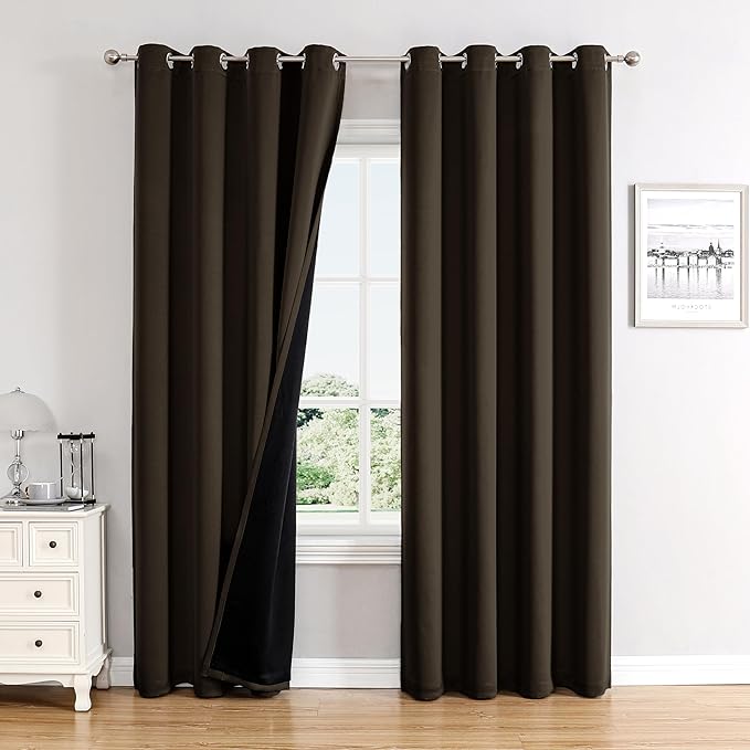 ChrisDowa 100% Blackout Curtains 102 inch Long for Bedroom with Black Liner, 2 Thick Layers Total Blackout Thermal Insulated Grommet Window Curtains 2 Panels Set (Brown, 52 x 102 Inch)-CubbioJoy