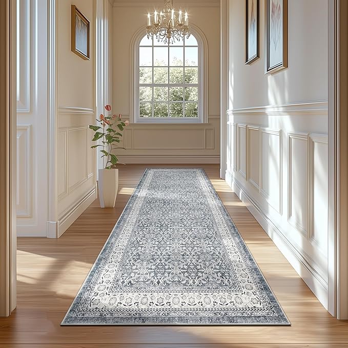 jinchan Hallway Runner Rug 2x8 - Machine Washable Grey Vintage Floral Distressed Design Soft Non-Slip Low-Pile Ultra-Thin Runner Rug for Kitchen Laundry Room Bedroom Farmhouse (2‘x8',Grey)-CubbioJoy