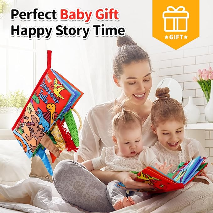 Jollybaby Baby Books 0-6 Months, Touch and Feel Crinkle Soft Cloth Books for Infants Babies, Toddler Early Educational Interactive Stroller Sensory Toys, Baby Girl & Boy Gift(Dinosaur Tails)-CubbioJoy