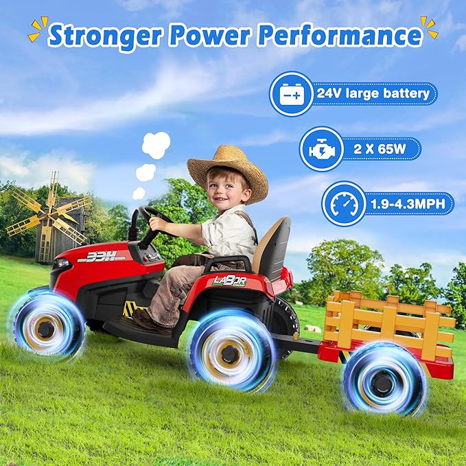24V Ride On Tractor w/Tiltable & Detachable Trailer, 2x65W Motors, EVA Tires, Remote Control, Bluetooth, Shifter, Music, Electric Car for Kids Ages 2-5, Red-CubbioJoy