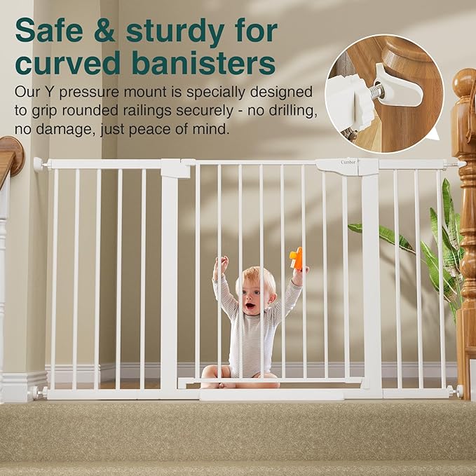 Cumbor 2 Pack 29.7-54.2" Baby Gate for Stairs, Mom's Choice Awards Winner-Auto Close Dog Gate for Doorways, Easy Install Pressure Mounted Pet Gate Indoor, Wide Safety Gate for Dog, White-CubbioJoy