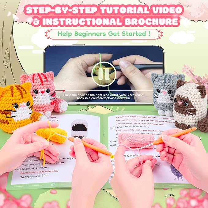 Crochet Kit for Beginners -4 PCS Cat Crochet Kit with Step-by-Step Video Tutorials, Learn to Crochet Kits for Adults and Kids, Beginner Crochet Kits for Adults, Animals Cat Crafts Knitting Kit-CubbioJoy