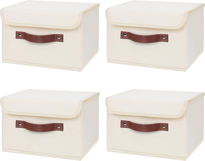 ANMINY 4PCS Storage Bins with Lid PU Leather Handles Storage Boxes PP Plastic Board Decorative Foldable Lidded Cotton Linen Fabric Home Cubes Baskets Closet Organizer Containers - Beige, Small Size-CubbioJoy