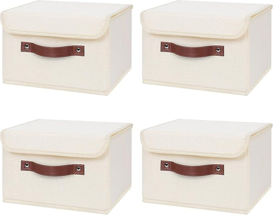 ANMINY 4PCS Storage Bins with Lid PU Leather Handles Storage Boxes PP Plastic Board Decorative Foldable Lidded Cotton Linen Fabric Home Cubes Baskets Closet Organizer Containers - Beige, Small Size-CubbioJoy
