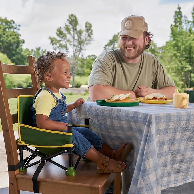 Bright Starts John Deere Pop 'N Sit Portable Booster Chair, Floor Seat, Indoor/Outdoor Use, Compact Fold, Green and Yellow, 6 Mos - 3 Yrs-CubbioJoy