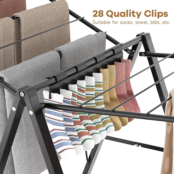 APEXCHASER Clothes Drying Rack Foldable, Metal Laundry Drying Rack with Height Adjustable Rails, Ultra Thin Drying Rack Clothing Towel Sweater Shoe for Indoor Outdoor, Gullwing Clothes Airer, Black-CubbioJoy