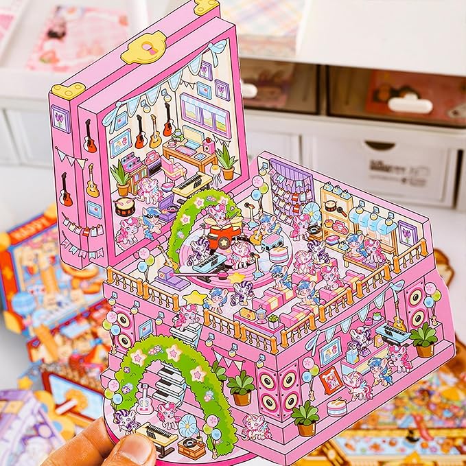 4 Sets DIY 3D Stickers Scene for Adults Teen Girls, Large 3D House Sticker Therapy Cute Cartoon Animal Scenes Sticker, Make Your Own Mini Room Scenes，Relief Stress Pass The Time Birthday Gift-CubbioJoy