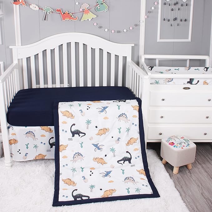 Belsden Dinosaur 3 Piece Crib Bedding Set for Baby Boys Girls, Classic Nursery Bedding Essential Including Comforter, Crib Sheet and Crib Skirt, Ultra Soft Cozy, Dino-CubbioJoy