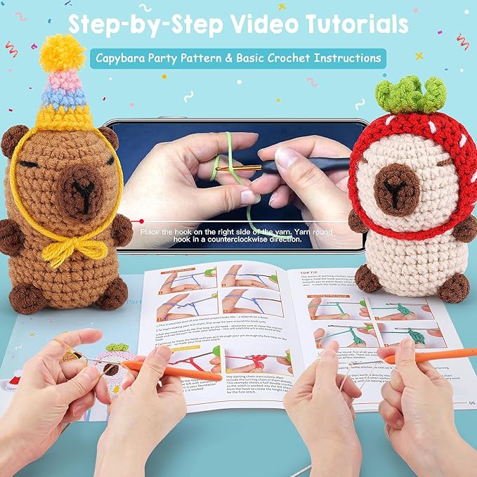 Crochet Kit for Beginners-2PCS Animals Brown and Beige Capybara Crochet Kit with Step-by-Step Video Tutorials, Stuffed Animal Knitting Kit for Adult Kids, Capybara Party Crocheting Kit for Birthday-CubbioJoy
