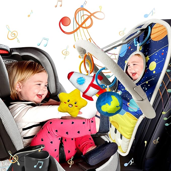 Car Seat Toys for Baby Infant 6 Months and Up, Carseat Toys with Musical Pedal Piano, Baby Mirror and Hanging Squeaky Sensory Soft Baby Toys 6 to 12 Months, Baby Car Toys Rear Facing-CubbioJoy