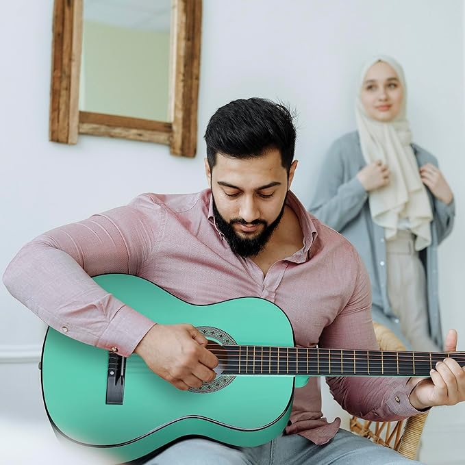 ADM Beginner Acoustic Classical Guitar 38 Inch Nylon Strings Wooden Guitar Bundle Kit for Kid Boy Girl Student Youth Guitarra Online Lessons with Gig Bag, Strap, Tuner, Strings, Cyan Green-CubbioJoy