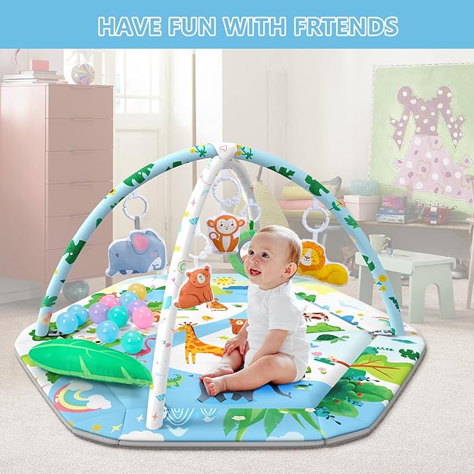 Baby Gym Play Mat, 8-in-1 Tummy Time Mat & Activity Gym Mat Ball Pit with Detachable Toys, Washable Infant Play Mat for Visual, Hearing, Sensory, Motor Development, Newborn Baby Toys Gift for Toddler 0-3-6-9-12 Months Easy to Install-CubbioJoy