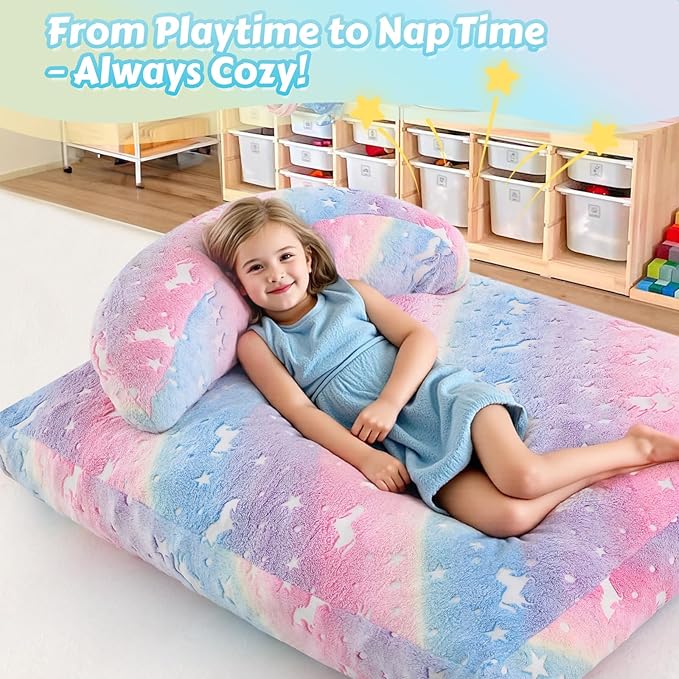 COMAX Bean Bag Chair for Kids, Convertible Toddler Beanbag Bed Unicorn, Children Bean Chair Stuffed to Floor Mattress with Filler, Growing Colorful Rainbow-CubbioJoy