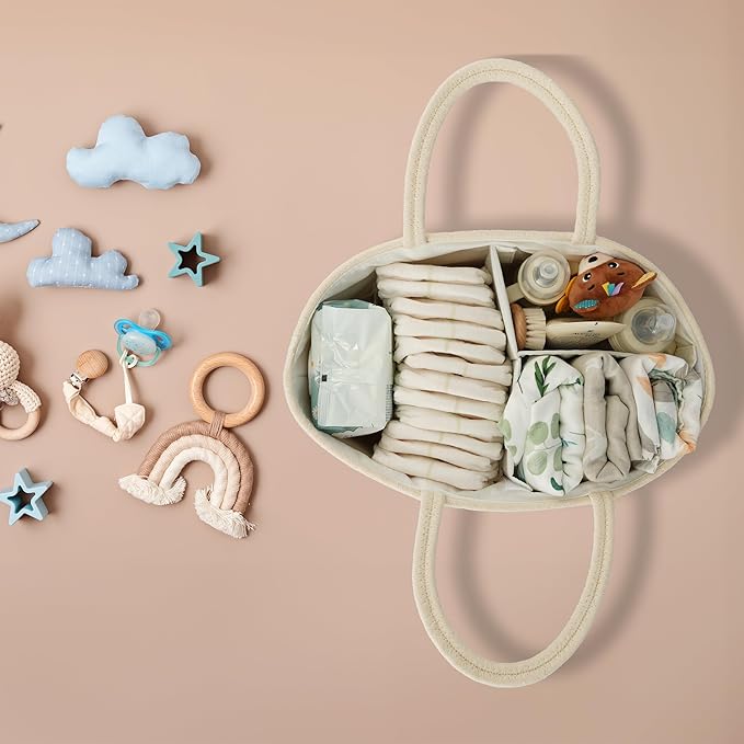Diaper Caddy Organizer Cotton Rope Baby Basket Nursery Storage and Portable Tote Bag for Car Ideal Baby Shower Gifts and Registry Must-Have for Newborn Essentials Large beige-CubbioJoy