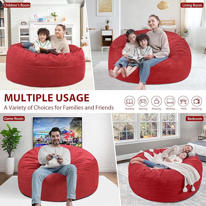 3FT Bean Bag Chair, Comfy Bean Bag Chairs with Memory Foam Filled, Fluffy Beanbag Sofa with Dutch Velvet Cover, Round BeanBag Chairs for Living Room, Playroom - Red-CubbioJoy