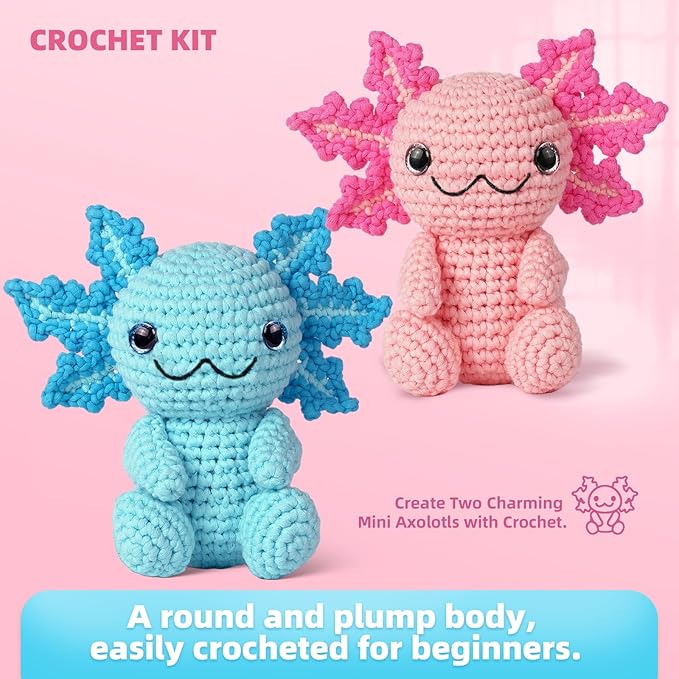 Crochet Kit for Beginners, Crochet Animal Kits,Crocheting Kit for Starters with Step-by-Step Video Tutorials, Beginner Crochet Kits for Adults (2Pack Axolotl)-CubbioJoy