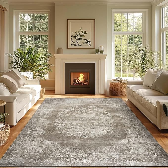 jinchan Washable Area Rug 6x9 for Living Room - Soft Faux Wool Ultra-Thin Stain Resistant Non-Slip Distressed Vintage Floral Large Carpet for Bedroom,Dining Room,Home Office,Nursery(Brown, 6'x9')-CubbioJoy