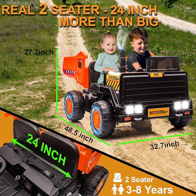24V Ride On Dump Truck, 24inch-2 Seater Ride On Car for Kids w/Remote Control 4WD/2WD Up to 5 Mph, 24v Ride on Toys for Big Kids w/Electric Dump Bed Extra Shovel Traffic Cones (Orange)-CubbioJoy