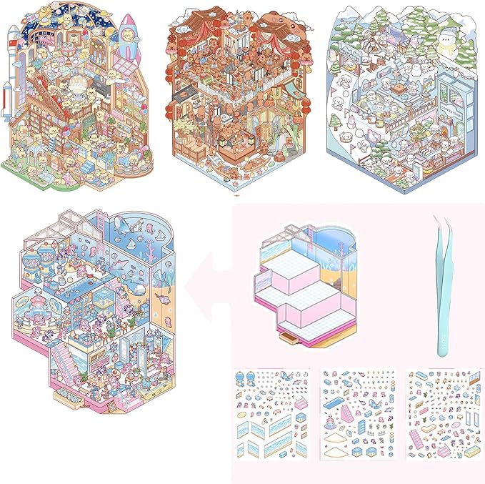 4 Sets Big 3D Sticker Scenes DIY Craft Kit – Build Your Own Miniature Rooms Stickers Book(Museum/Ski Resort/Amusement Park/Aquarium) for Kids & Adults, Creative Craft Kit for Gifts-CubbioJoy