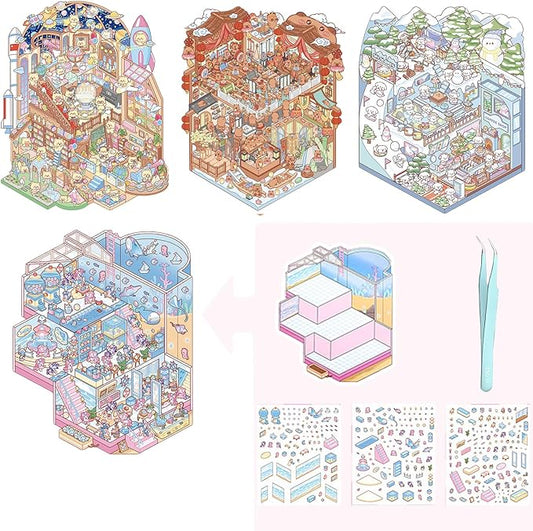 4 Sets Big 3D Sticker Scenes DIY Craft Kit – Build Your Own Miniature Rooms Stickers Book(Museum/Ski Resort/Amusement Park/Aquarium) for Kids & Adults, Creative Craft Kit for Gifts-CubbioJoy