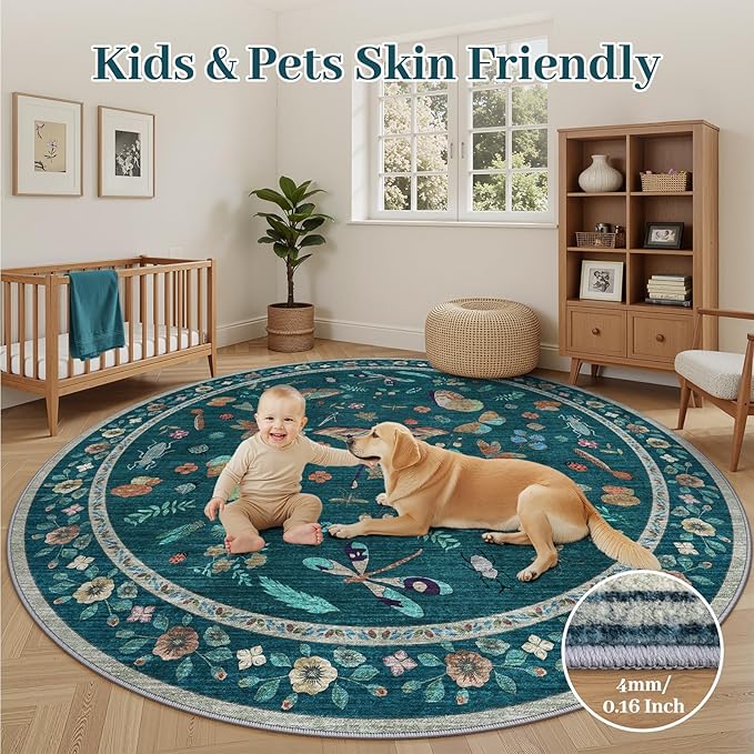 6ft Washable Round Rug - Bug Rugs for Living Room Non-Slip Low Pile Soft Ultra-Thin Machine Washable Circle Carpet for Bedroom, Entryway, Nursery, Kitchen, Home Office (6' Round Teal)-CubbioJoy